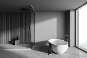 Gray and wooden bathroom interior with tub and shower, side view