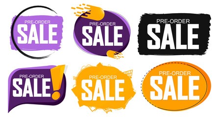 Set Pre-Order Sale banners design template, discount tags, vector illustration