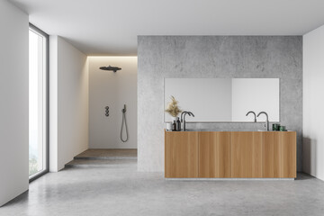 White and concrete bathroom interior with sink and shower