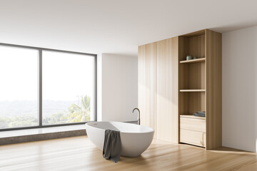 Obraz na płótnie Canvas White and wooden bathroom corner with tub