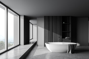 Obraz na płótnie Canvas Gray and wooden bathroom interior with tub