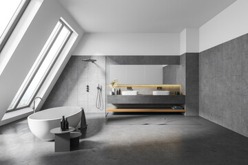 Attic white bathroom interior with tub and sink