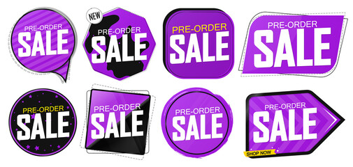 Set Pre-Order Sale banners design template, discount tags, vector illustration