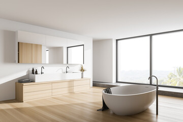 Fototapeta na wymiar White and wooden bathroom corner with tub and double sink