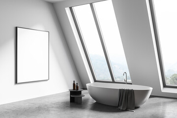 Fototapeta na wymiar Attic white bathroom interior with tub and poster