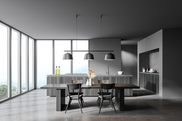 Gray and wooden kitchen interior with table
