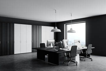 Gray and wooden open space office corner with windows