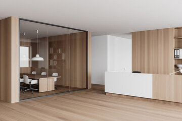 White and wooden waiting room corner with reception