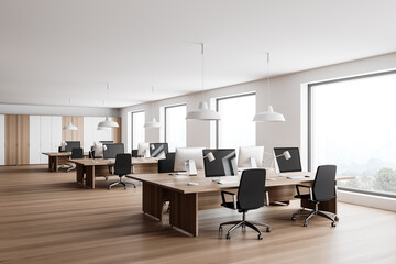 White and wooden open space office corner