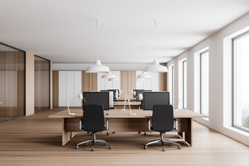 White and wooden open space office interior