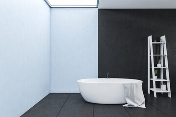Naklejka na ściany i meble Blue and black bathroom with bathtub and white shelf for gels with window