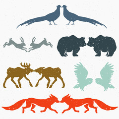 Hand-drawn forest silhouettes animals:elk, fox, hare, bear, owl, pheasant