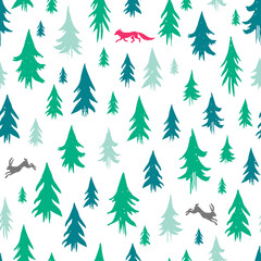 Hand-drawn forest silhouettes seamless pattern.