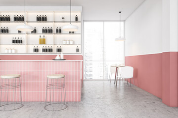 White and pink bar counter at cafe with chairs and table on marble floor