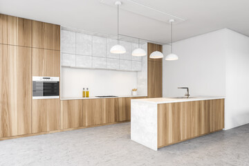 Wooden and white kitchen corner with bar