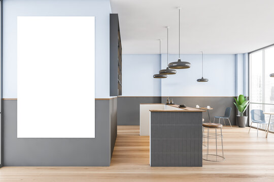 Mockup frame in blue and grey cafe with furniture and bar counter