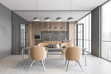 Wooden kitchen and dining room interior