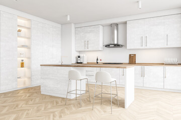 Fototapeta na wymiar Modern white kitchen corner with bar