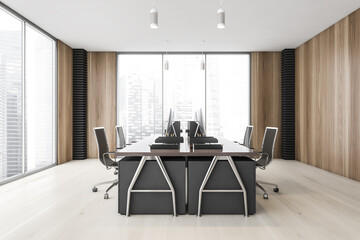 Wooden open space office interior, side view