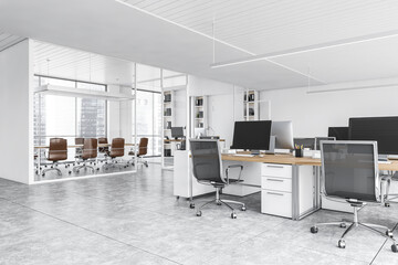 White open space office with conference room and workplace with computers