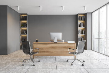 Fototapeta na wymiar Modern gray panoramic CEO office interior