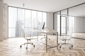 Modern white CEO office corner with window