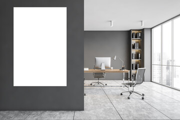 Modern gray CEO office interior with vertical poster