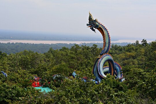 Statue of Phaya Naga Symbol, Phu Manorom Temple, Mukdahan Province, Thailand