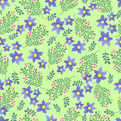 blue flowers and branches on a green background seamless pattern