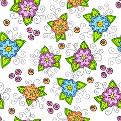 doodling flowers seamless vector pattern on a white background