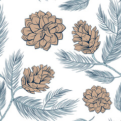 Cones pattern of fir or pine, seamless background, vector green tree branch spruces decoration. Pine cones pattern in pastel color, wallpaper and textile seamless print vintage. White background