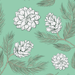 Cones pattern of fir or pine, seamless background, vector green tree branch spruces decoration. Pine cones pattern in pastel color, tile, wallpaper and textile seamless print vintage or trendy design