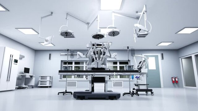 Futuristic surgical robot in a modern clinic. 3D rendering.