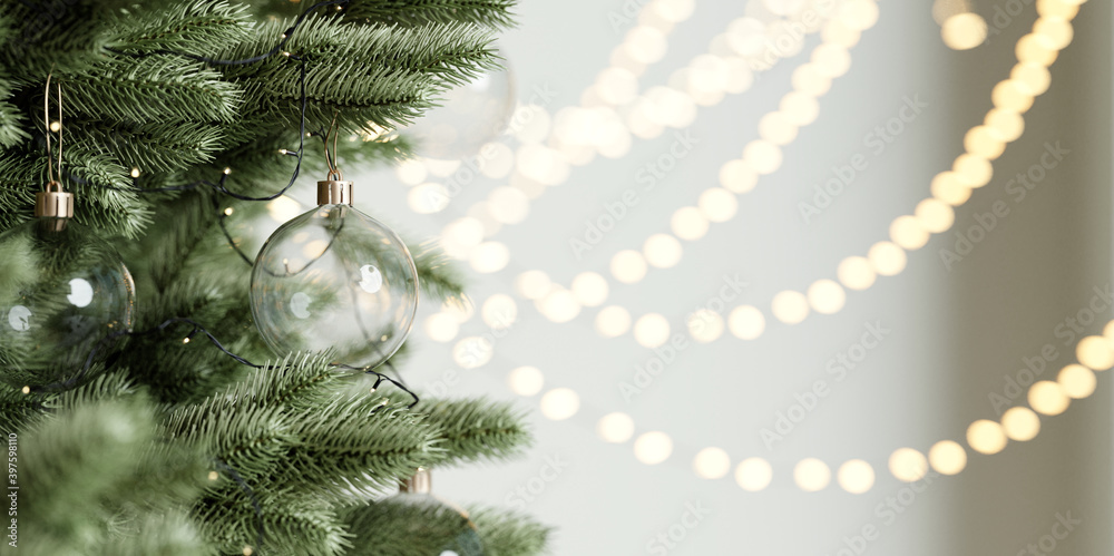 Wall mural Close up Christmas tree and decoration, Glass Christmas ball. 3d rendering