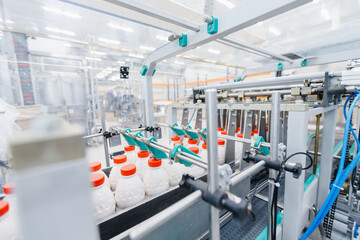 Bottling milk production line factory, industry equipment dairy plant