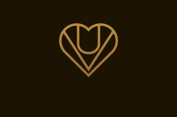 Abstract initials U and V logo, gold colour line style heart and letter combination, usable for brand, card and invitation, logo design template element,vector illustration