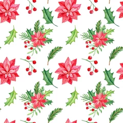 Fotobehang Watercolor christmas seamless pattern with winter florals. Red poinsettia flowers and berries on white background.  © Svetlana