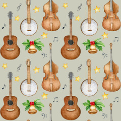 Naklejka premium Watercolor christmas seamless pattern with music instruments. Guitar, banjo, cello on beige background. 