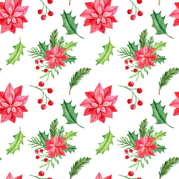 Watercolor christmas seamless pattern with winter florals. Red poinsettia flowers and berries on white background. 