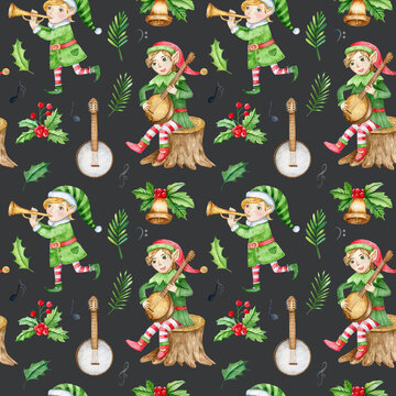 Watercolor christmas elfs playing bango and trumpet. Hand drawn seamless pattern. Winter floral pattern on dark background. Children illustration