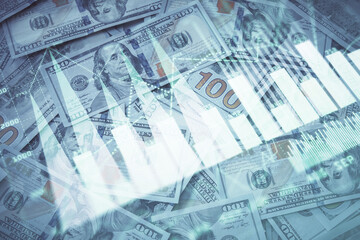 Double exposure of forex graph drawing over us dollars bill background. Concept of financial markets.