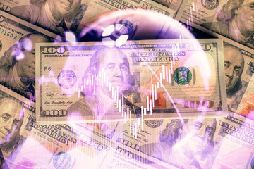 Multi exposure of forex chart drawing over us dollars bill background. Concept of financial success markets.
