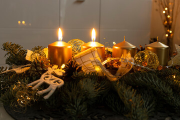 The first two candles burning on a home made advent wreath at the second advent, 3 weeks before...