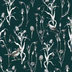 Illustration, pencil. A pattern of leaves and branches of plants, birds. Freehand drawing of flowers on a green background.