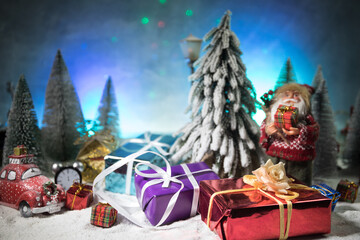 Traditional holiday attributes on snow. Creative artwork decorations. Empty space for your text