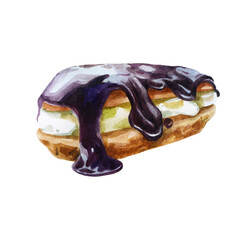 Watercolor illustration, eclair. Rich pastries. Bun with cream and chocolate glaze.