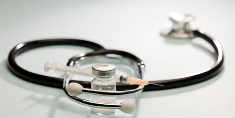 vaccine in vial, black stethoscope with orange cannula syringe.