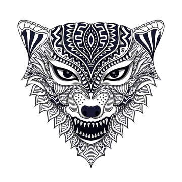 Black and white Stylized wolf in ethnic vector