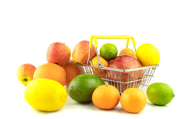 Fresh fruits on a white background with space for text