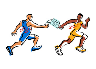 Obraz premium Athletes pass the mask, relay race. The 2020 year and 2021, humorous hand drawn illustration. Protect from Coronavirus concept.